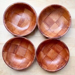 Vintage Woven Parquet Weave Wood Salad Soup Bowls Mid Century Modern Set Of 4